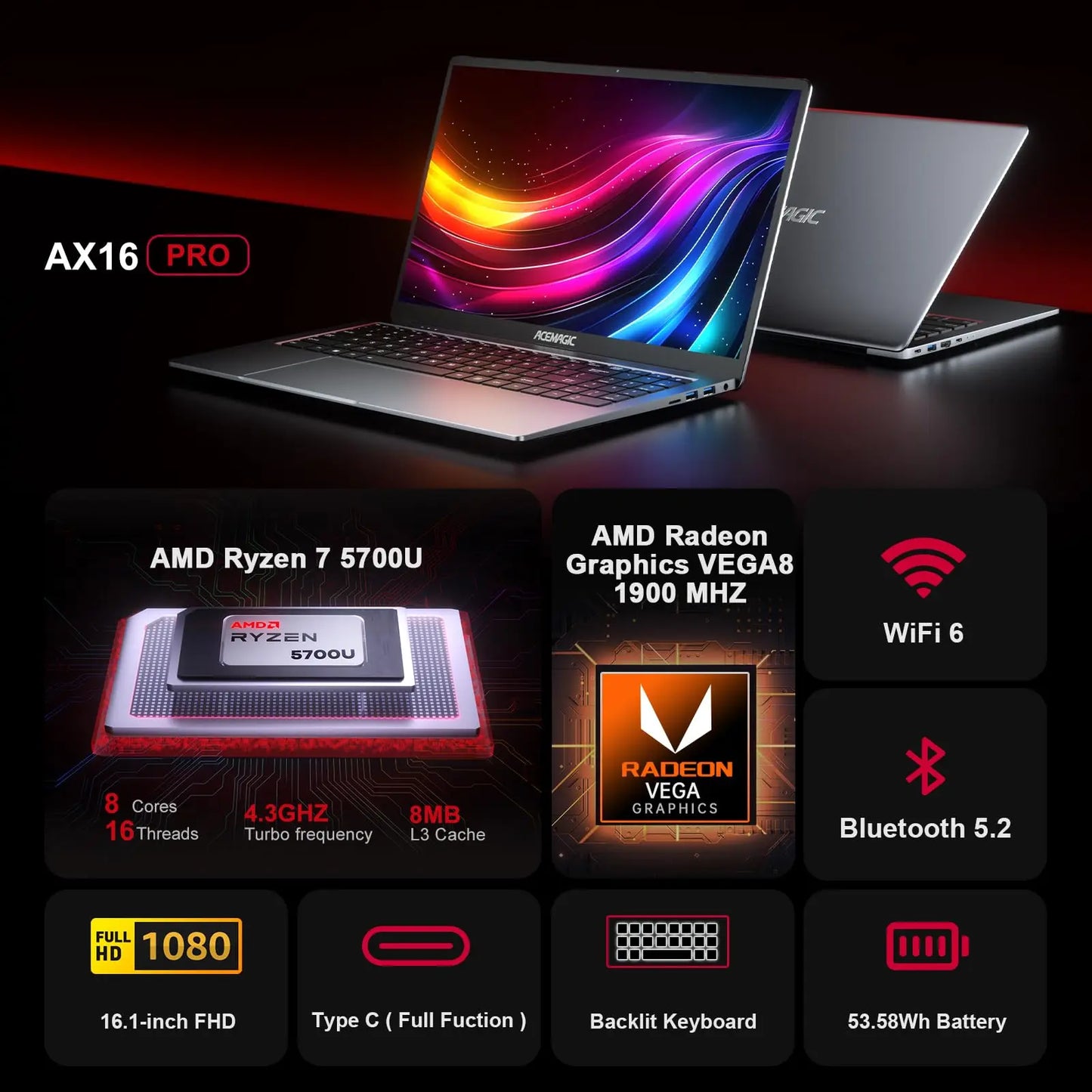 ACEMAGIC AX16Pro Gaming Laptop 16.1" IPS FHD AMD Ryzen™ 7 5700U Notebook 16GB DDR4+512GB PCI-E 53.58WH Windows 11 Computer - TrendForce25