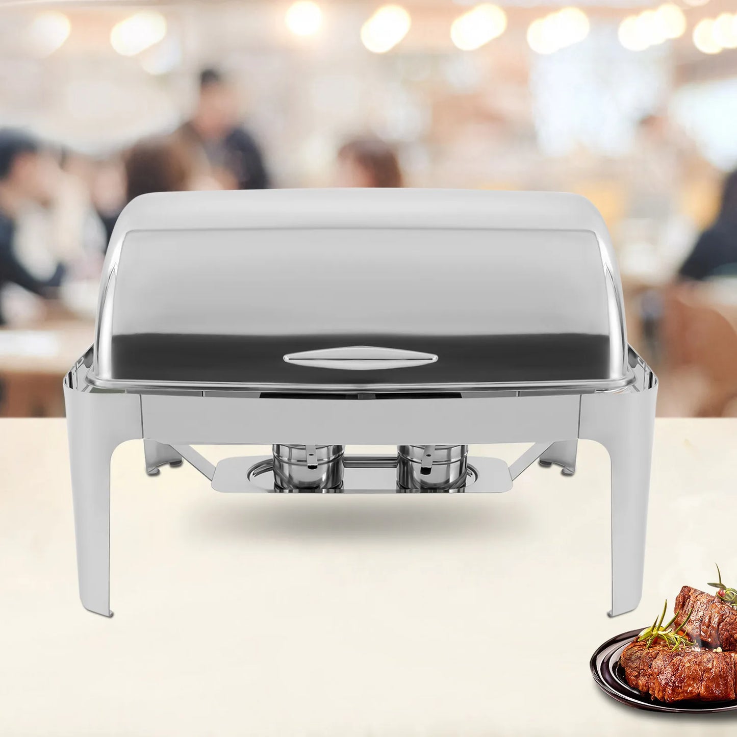 9L Roll Top Chafing Dish, Tempered Glass Cover, Alcohol Stove, Heating Plate, Stainless Steel for Catering and Buffets