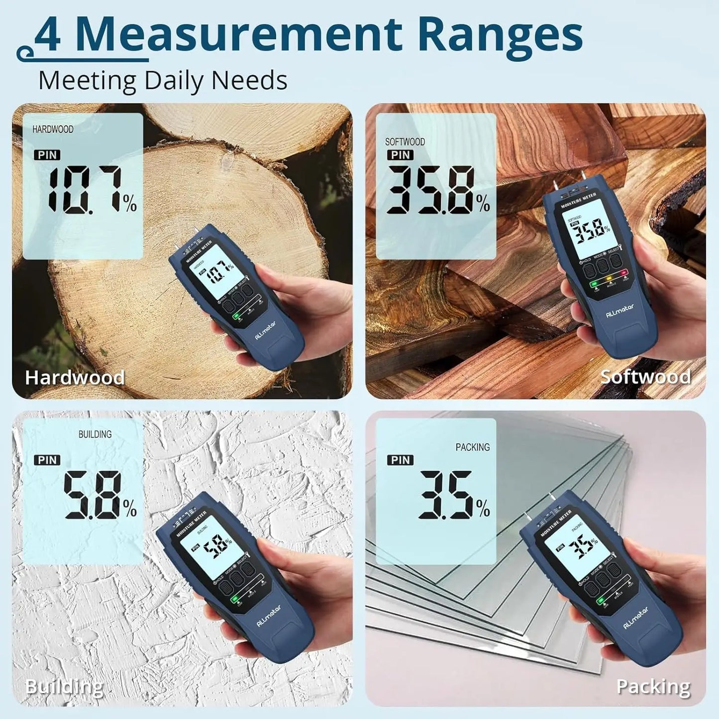 2-in-1 Digital Wood & Building Moisture Meter – Dual Pin & Pinless Tester for Home Renovation, Construction & Woodworking