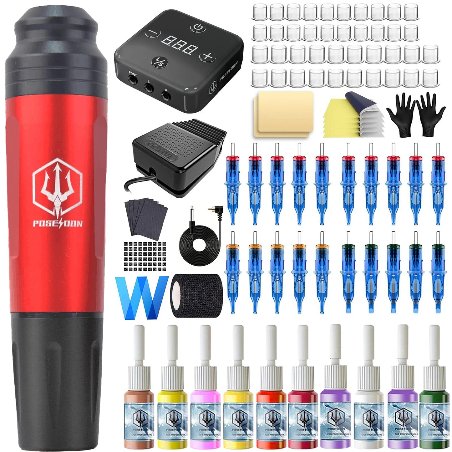 Tattoo Kit POSEIDON High Power Tattoo Pen Kit For Permanent Makeup Tattoo Machine Kit Hot Red Tattoo Power Supply Tattoo Gun Kit - TrendForce25