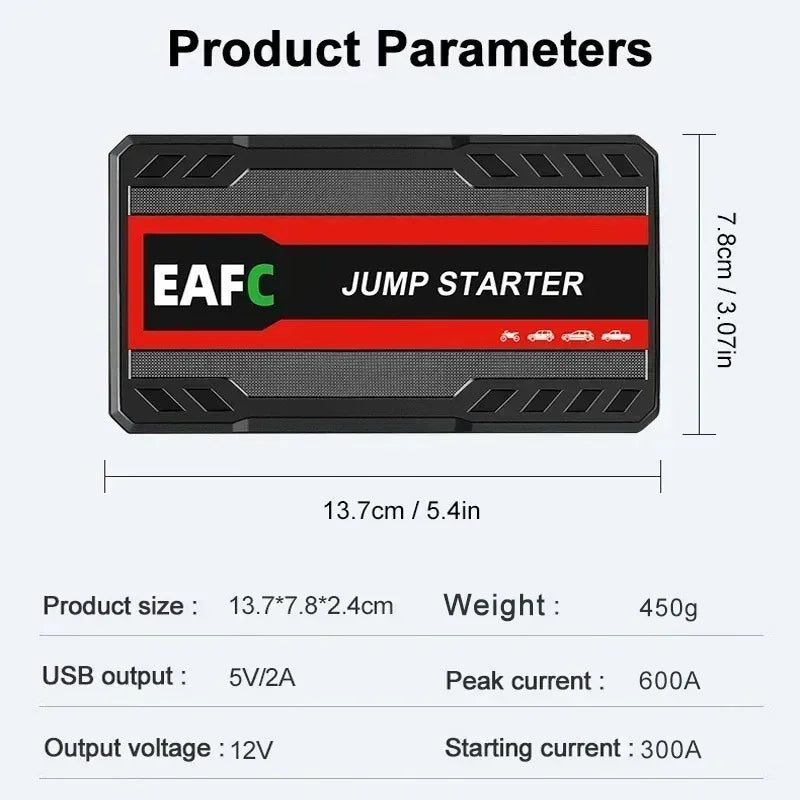 EAFC Jump Starter Power Bank 12V Booster for Car Start 600A Quick Charger Auto Starting Device Powerbank Device Petrol Diesel