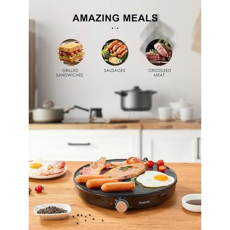 Crepe Maker Machine, Reemix Compact Pancake Griddle Precise Temperature Control, Nonstick 12” Electric Griddle
