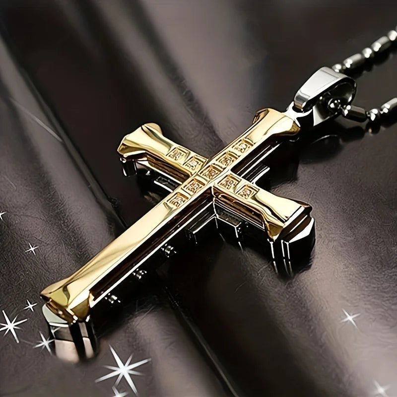 1PC/ Titanium Alloy Cross Pendant Necklace Inlaid with Zircon Man, Classic Jewelry, Holiday Gift