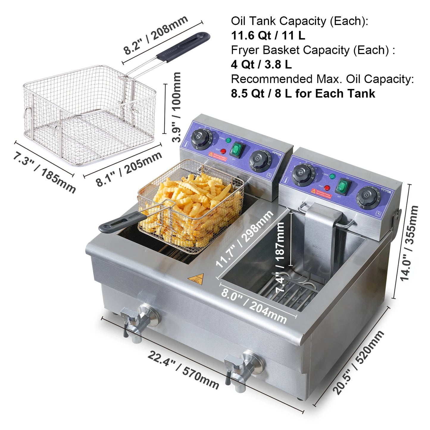 VEVOR 12L 5000W Electric Deep Fryer w/Dual Removable Tanks Commercial Countertop Fryer for Chicken French Fries Frying Chips - TrendForce25
