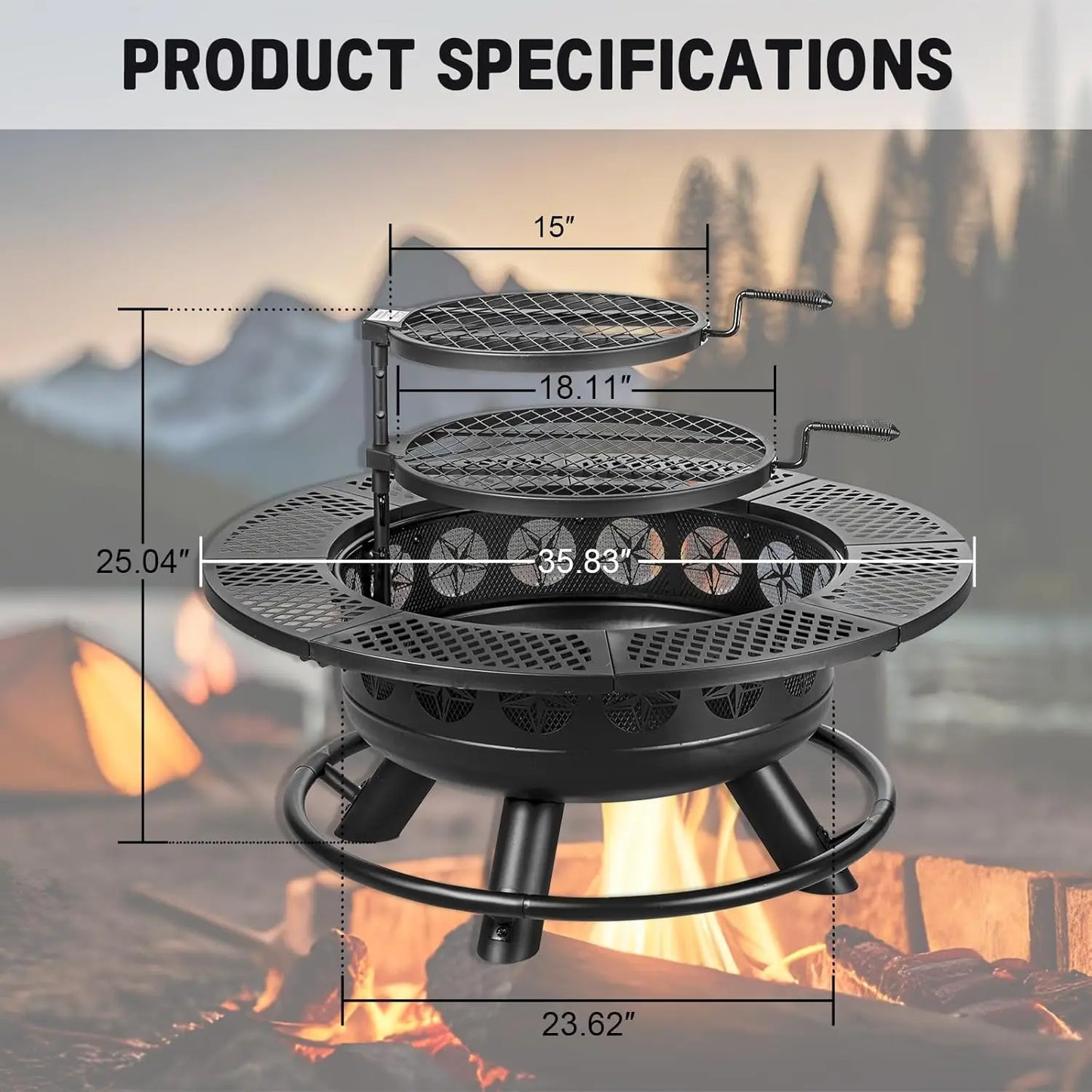 36 Inch Fire Pit with 2 Cooking Grills,Outdoor Wood Burning BBQ Firepit with Lid, 3-in-1 Outdoor Fire Pit - TrendForce25