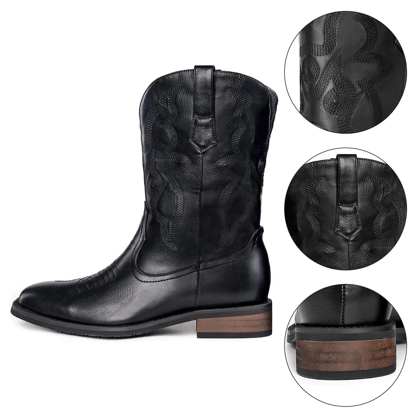 Men's Authentic Western Boots: Black Square Toe with Old West Embroidery – Simple Pull-On Convenience - TrendForce25