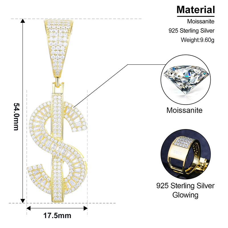 Bling Moissanite Dollar Pendant Necklace For Men Women 925 Sterling Silver Iced Out Choker Necklaces Hiphop Rap Rock Jewelry