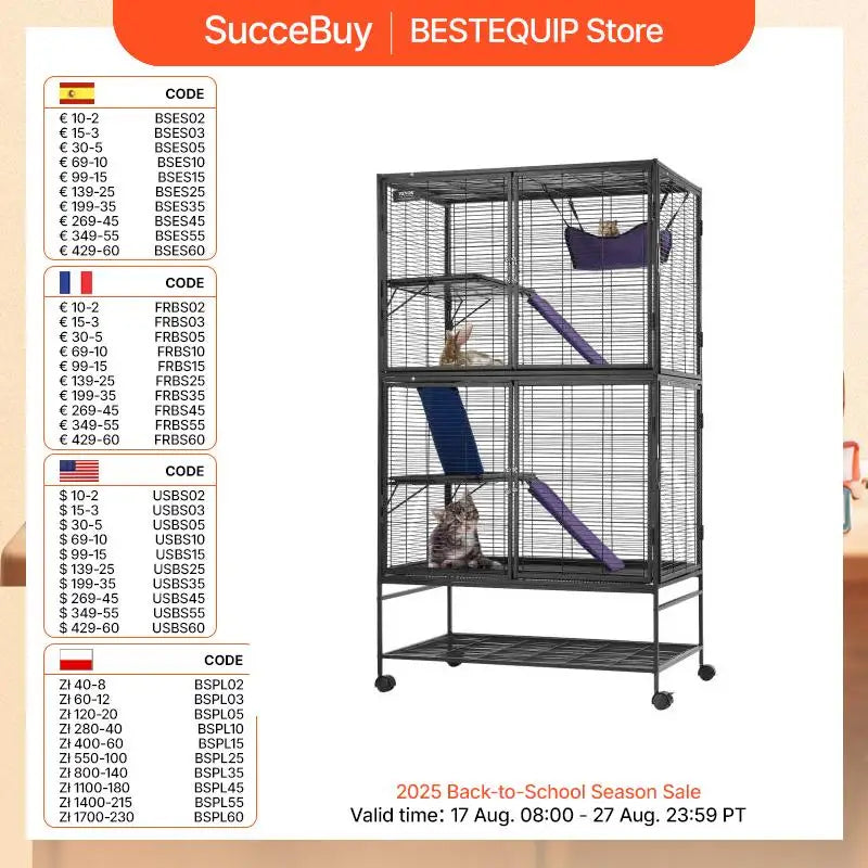 SucceBuy 64.6"Rolling Metal Ferret Cage Large4-Tier Critter Nation Cage Small Animal Cage for Pet Rat Hamster Guinea Chinchilla