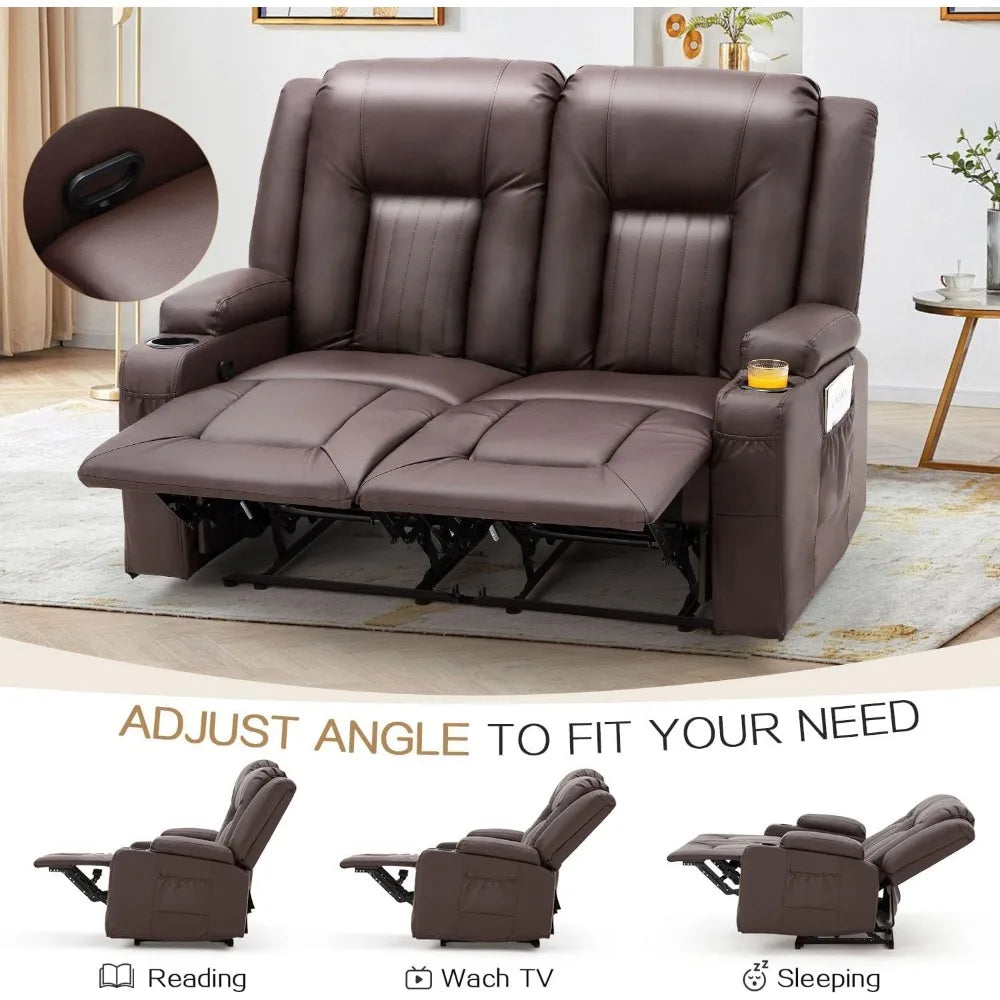 Loveseat Recliner with Cup Holders&Side Pockets, Modern Manual RV Couch Sofa Wall Hugger Recliner Faux Leather Double Recliner H - TrendForce25
