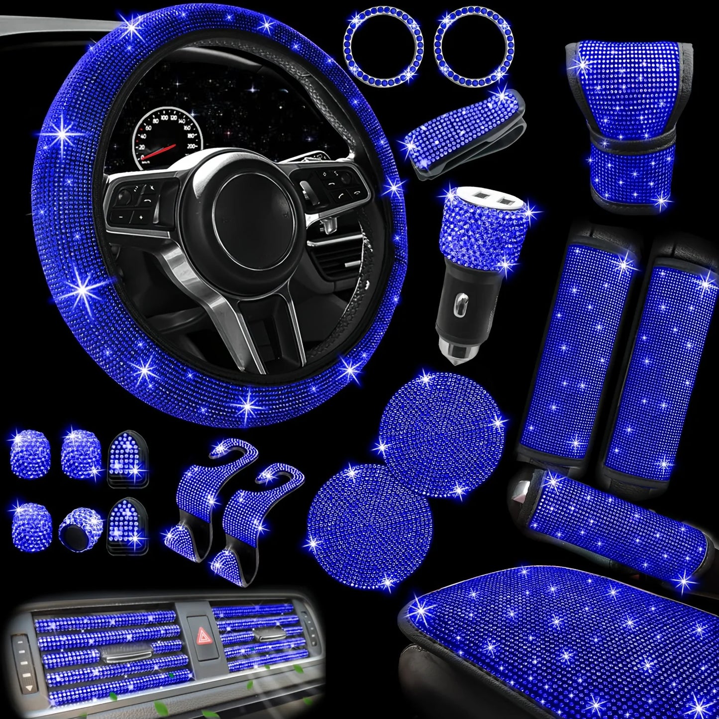 30 PCs Bling Car Accessories Set for Women, Steering Wheel Covers Universal Fit 15Inch, Seat Belt Covers, Armrest Cover