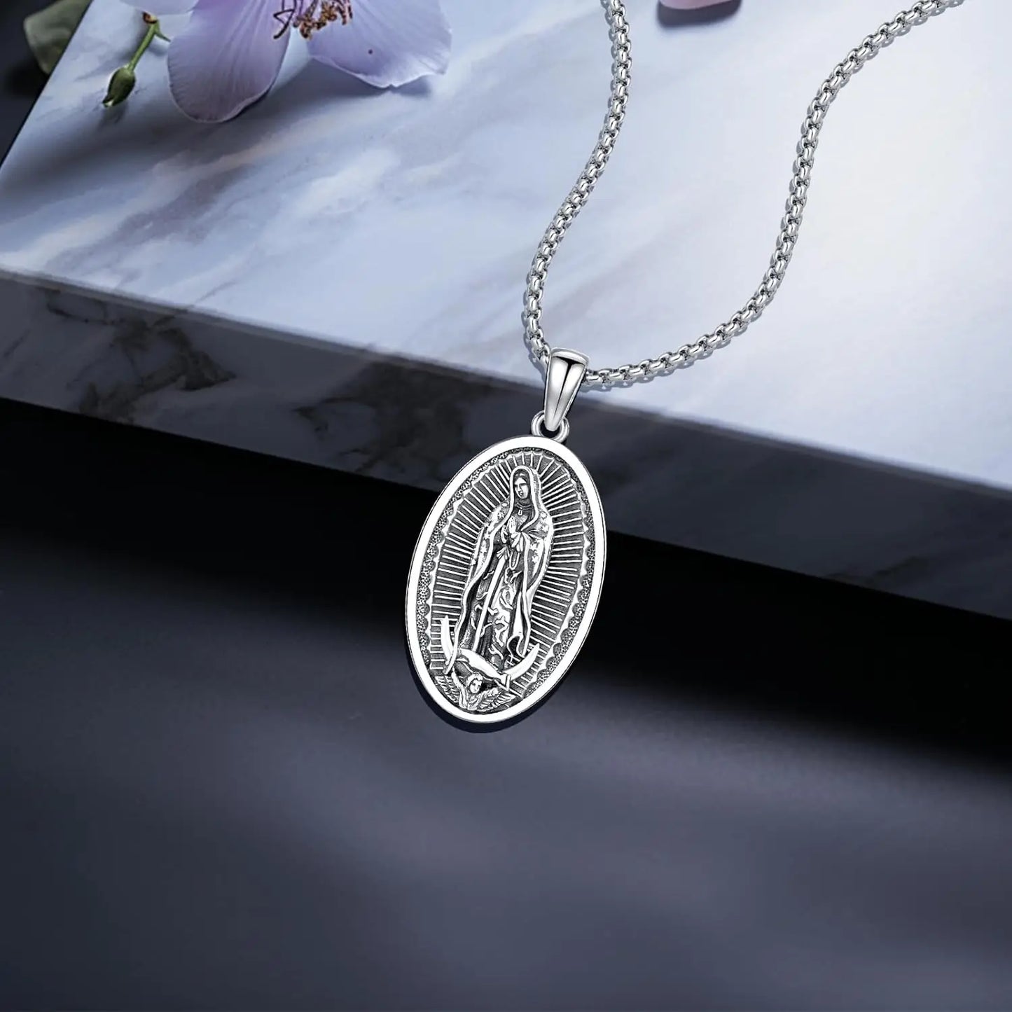 Virgin Mary Necklace 925 Sterling Silver Virgin Mary Pendant Saint Necklace Protection Amulet Jewelry for Men Women Christmas