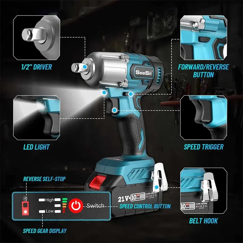 Seesii WH460 Cordless Impact Wrench Brushless 450N.m Electric Wrench 1/2'' Impact Gun 2*4.0Ah Battery For Car Home Power Tools