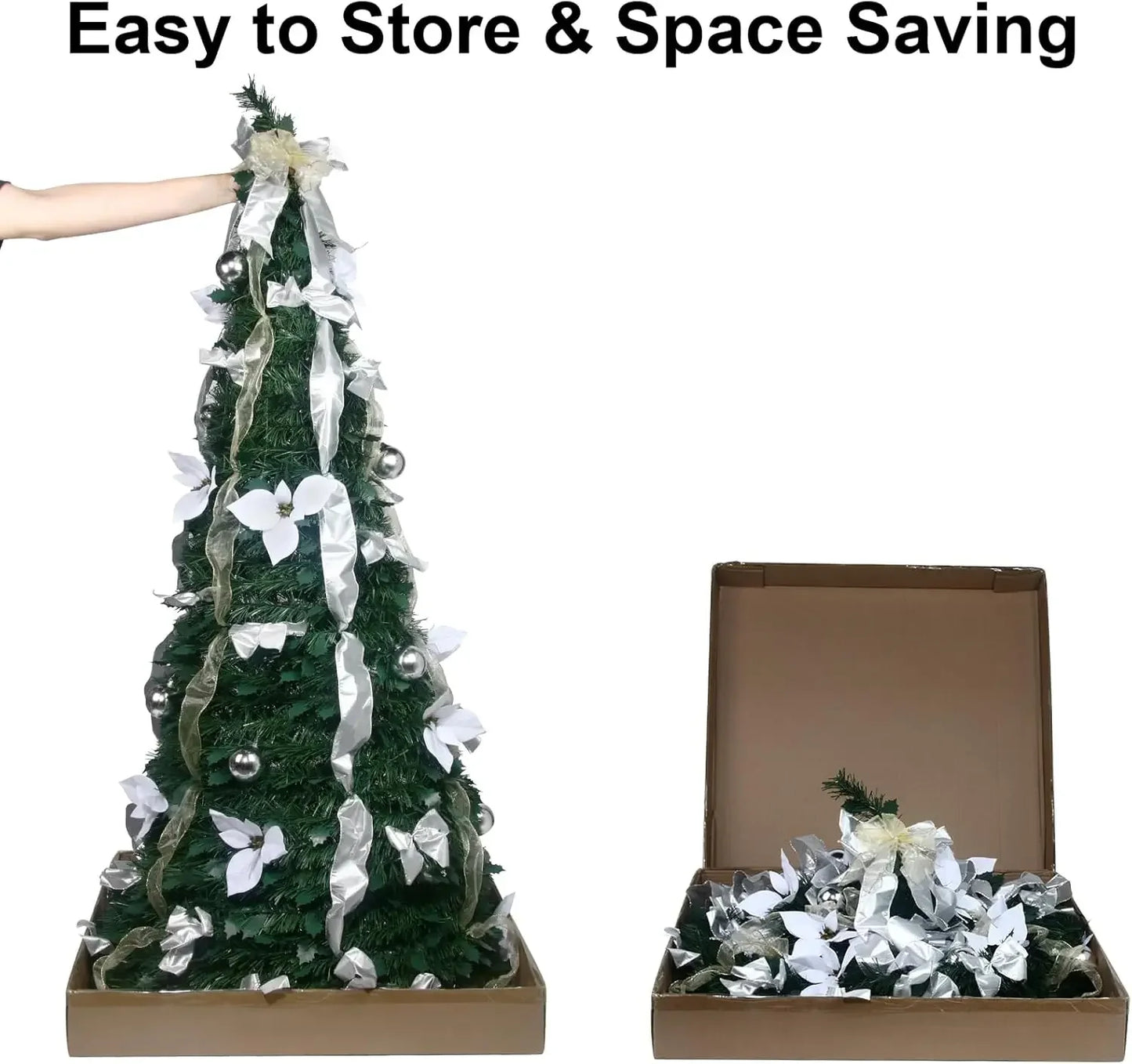 Pop up Christmas Tree - 6 Ft Pre-lit Christmas Tree with Remote Fully Decorated with 200 LED Lights, White & Gold Ribbon