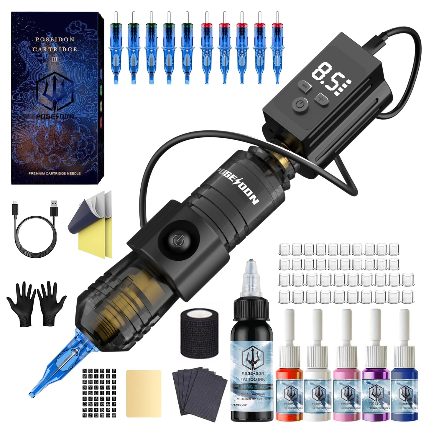 Tattoo Kit POSEIDON High Power Tattoo Pen Kit For Permanent Makeup Tattoo Machine Kit Hot Red Tattoo Power Supply Tattoo Gun Kit - TrendForce25