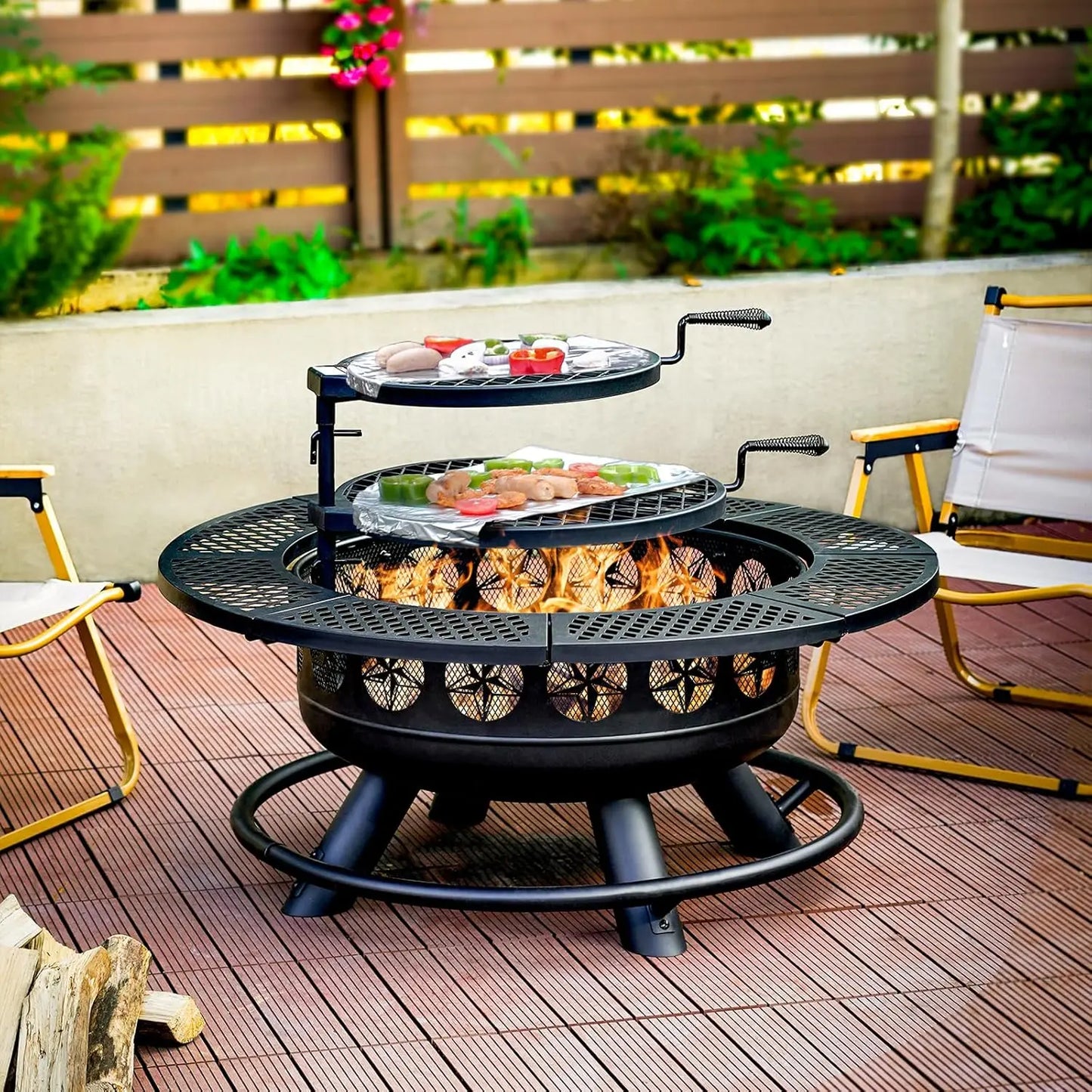 36 Inch Fire Pit with 2 Cooking Grills,Outdoor Wood Burning BBQ Firepit with Lid, 3-in-1 Outdoor Fire Pit - TrendForce25