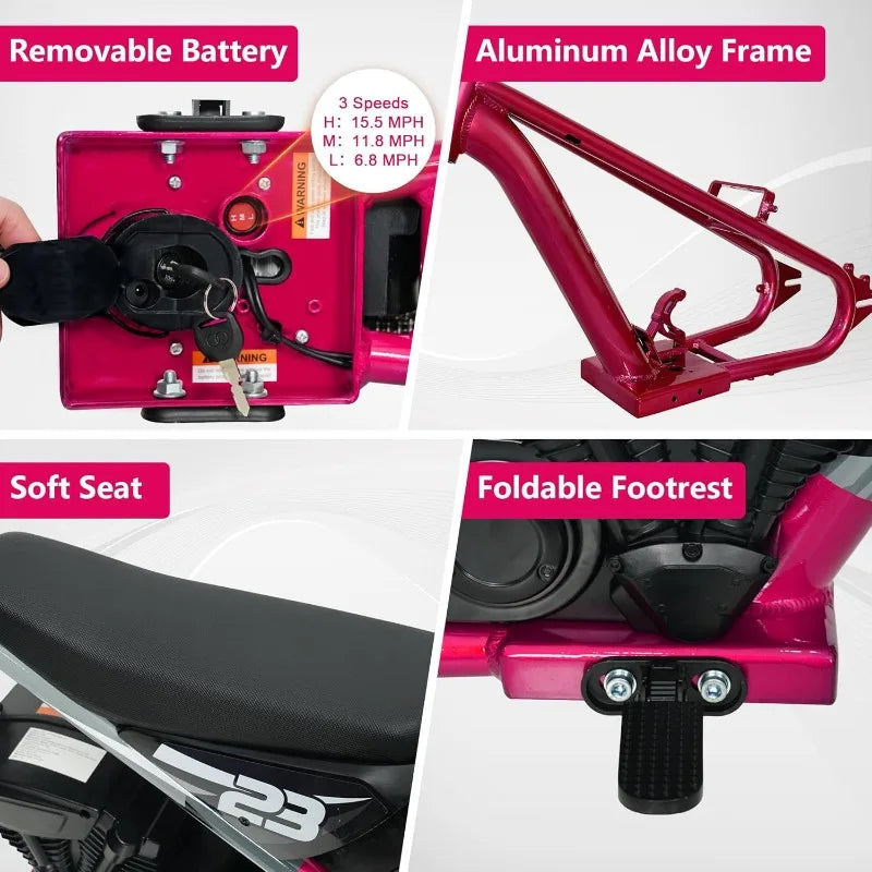Electric Dirt Bike Kids Ages 6-12, 250W Motorcycle Up 5.5MPH 24V Detachable Battery 16'' Inflatable Tire Balance Bike(Pink) - TrendForce25