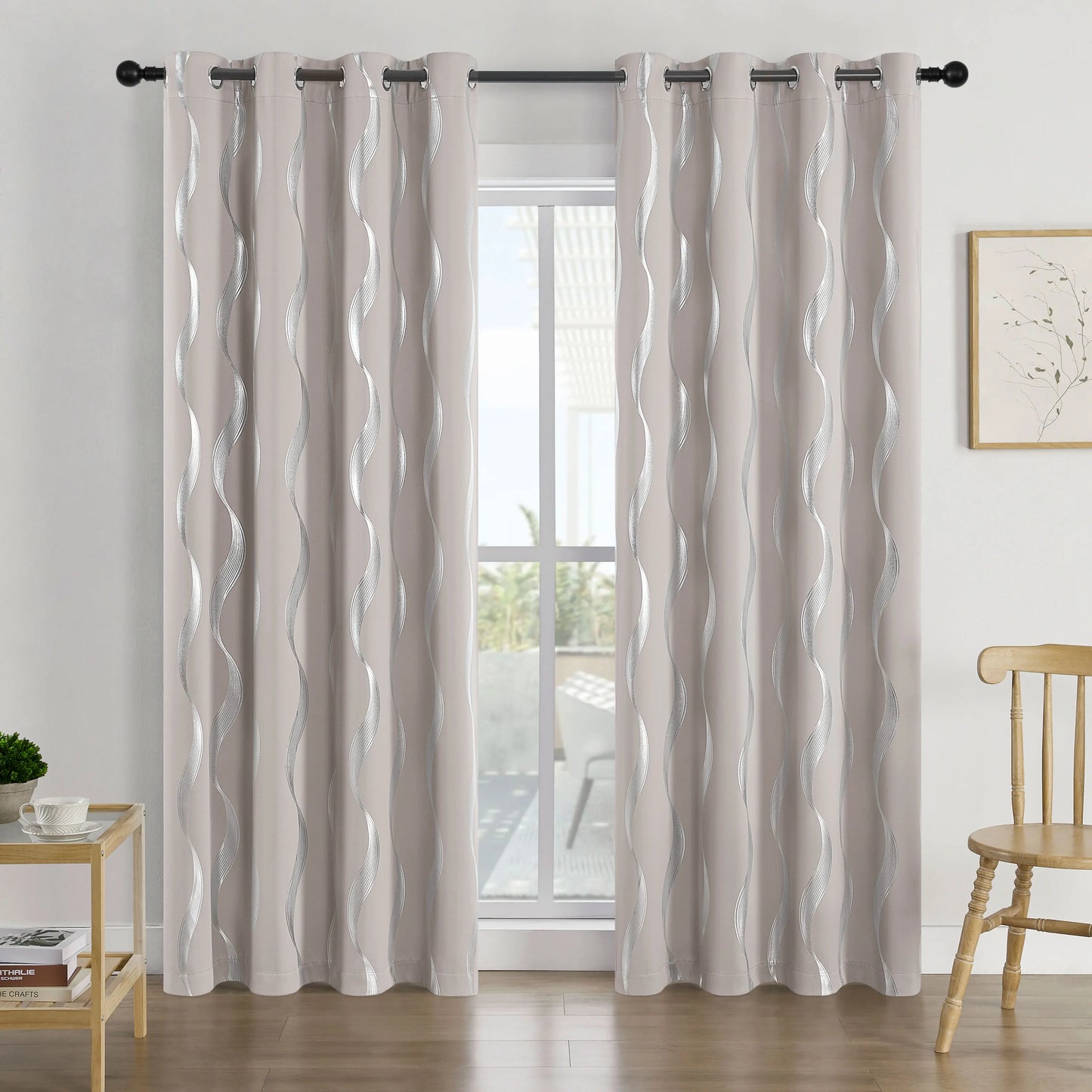 4Pcs Blackout Curtains Grommet Thermal Insulated Room Darkening With Wave Foil Printed For Bedroom - TrendForce25