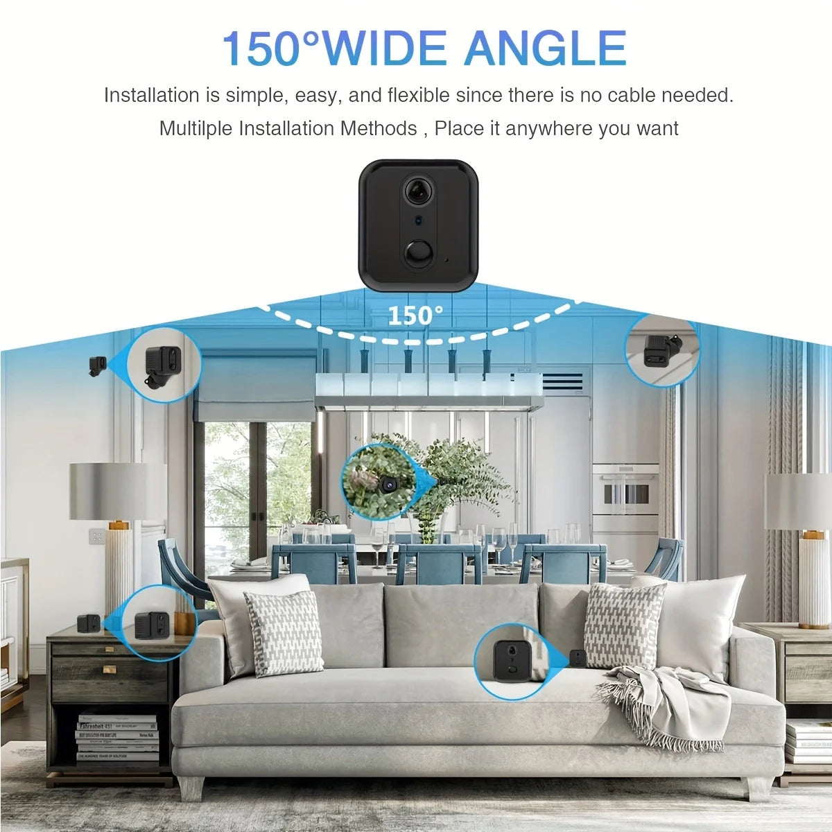 3MP HD video Wifi Camera,Wire-free smart security samera,Mini Nanny Cam Wireless Works with PIR motion detection,night vision,