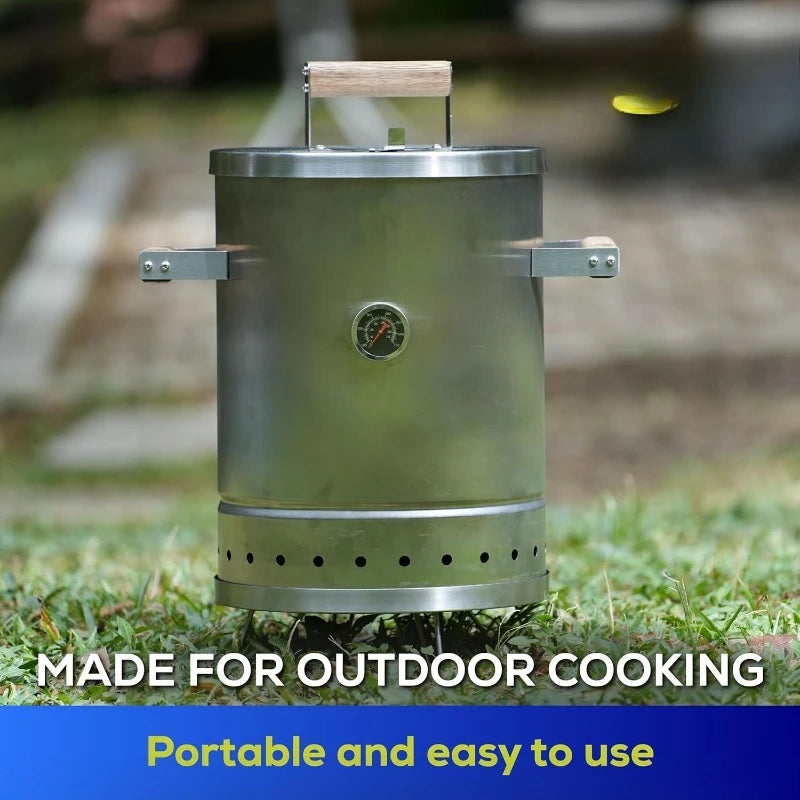 (6-pound) Stainless Steel (Small) Charcoal Barrel Smoker with Thermometer & Airlock system - 16.5"x 21.18" x ⌀11.81"