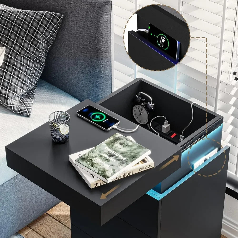 Nightstand with Charging Station and LED Lights,Night Stand with Sliding Top,Bedside Table with Drawers,Modern End Side Table