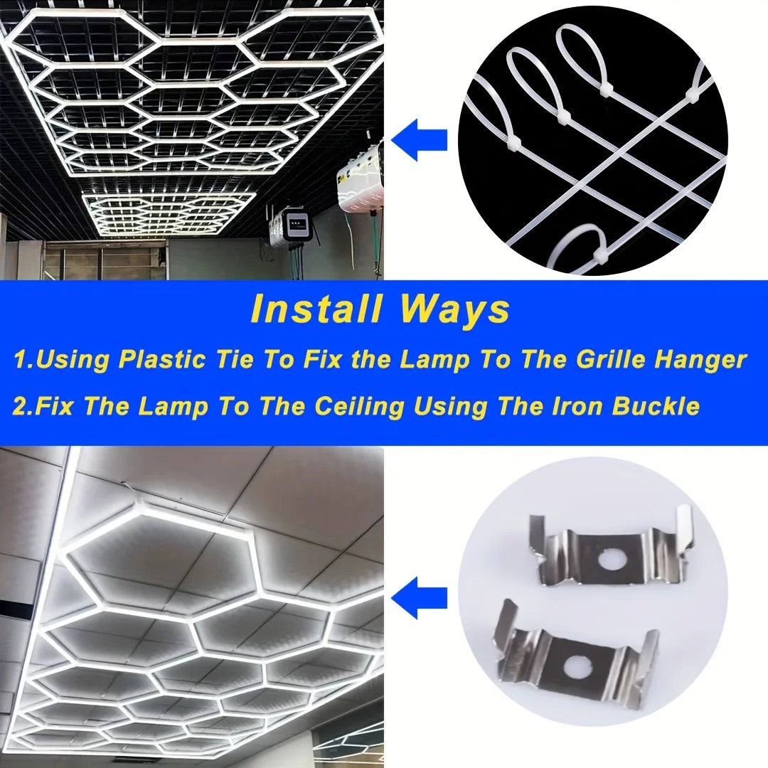 Hexagon LED Garage Light 110-240V 6500K Honeycomb Ceiling LED Lighting Tube for Car Detailing Shop Barbershop Gym Car Wash Room