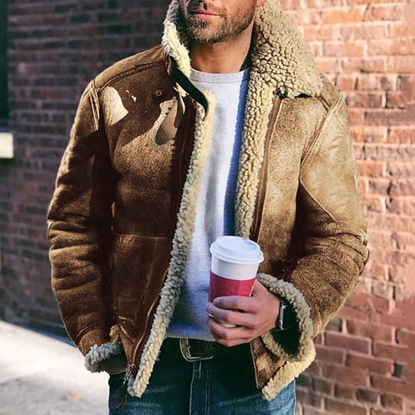 Men's Casual Plush Jacket Solid Color Zipper Wool Warm Long Sleeve Turn-down Collar Coat Jacket With Pockets
