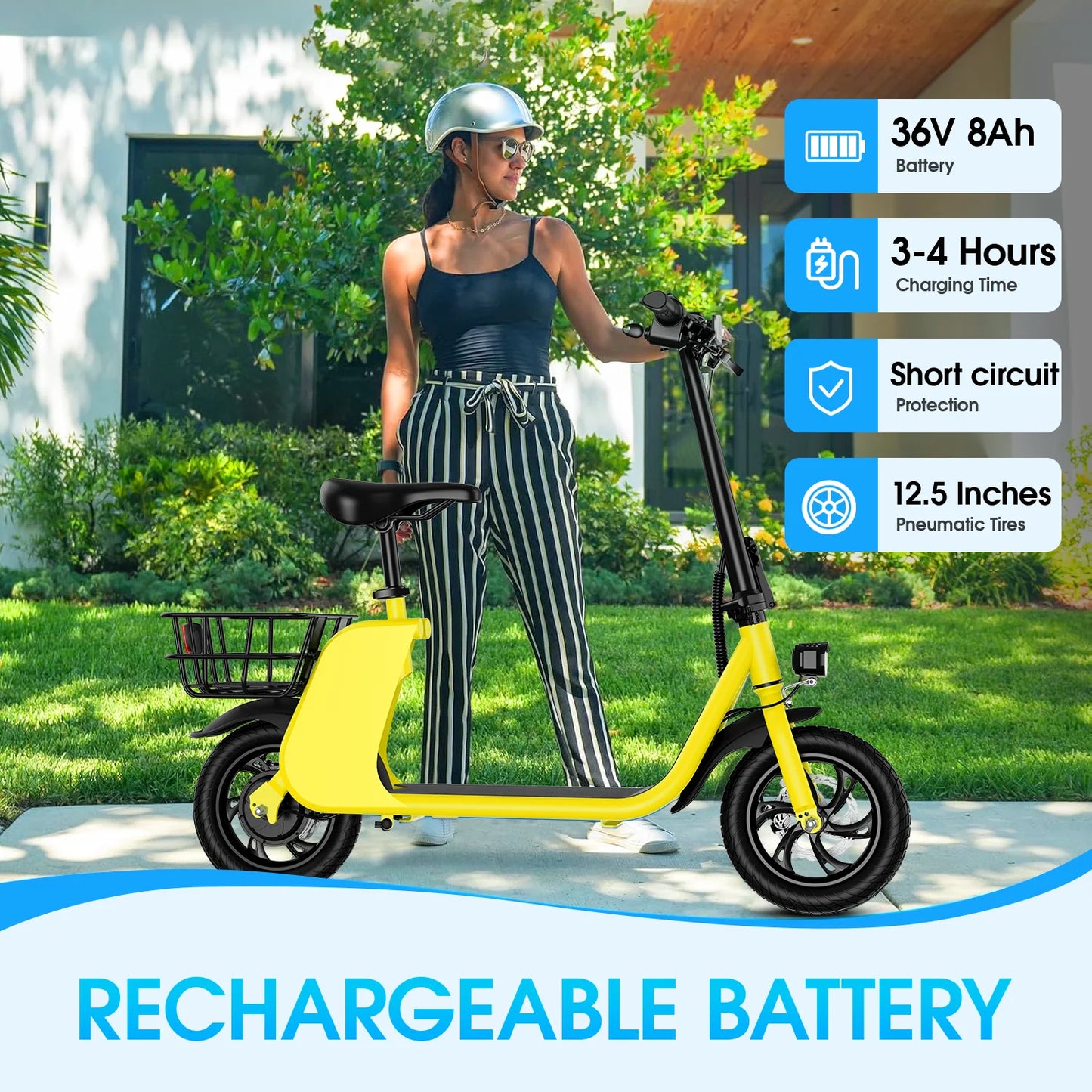 450W adult electric scooter 15.5mph, with seat and shopping basket, suitable for female electric scooters for urban commuting - TrendForce25