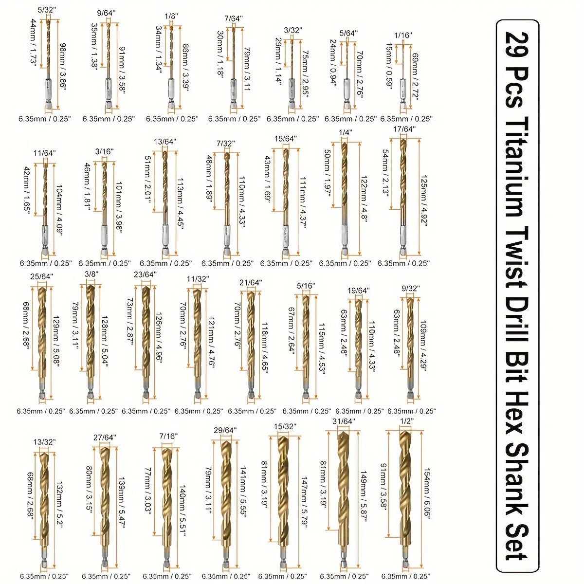 Titanium Impact Drill Bit Set -30 Pcs Hex Shank HSS,1/16"-1/2"Hex Shank Drill Bit Set,Quick Change Design,for Wood,Steel,Metal - TrendForce25