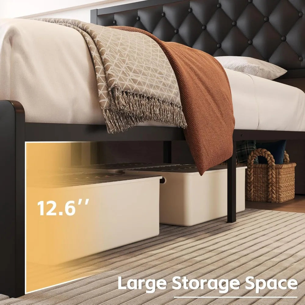 Full Size Bed Frame with Storage Space and PU Leather Upholstered Bed Frame Platform, Easy Assembly, No Box Spring Needed
