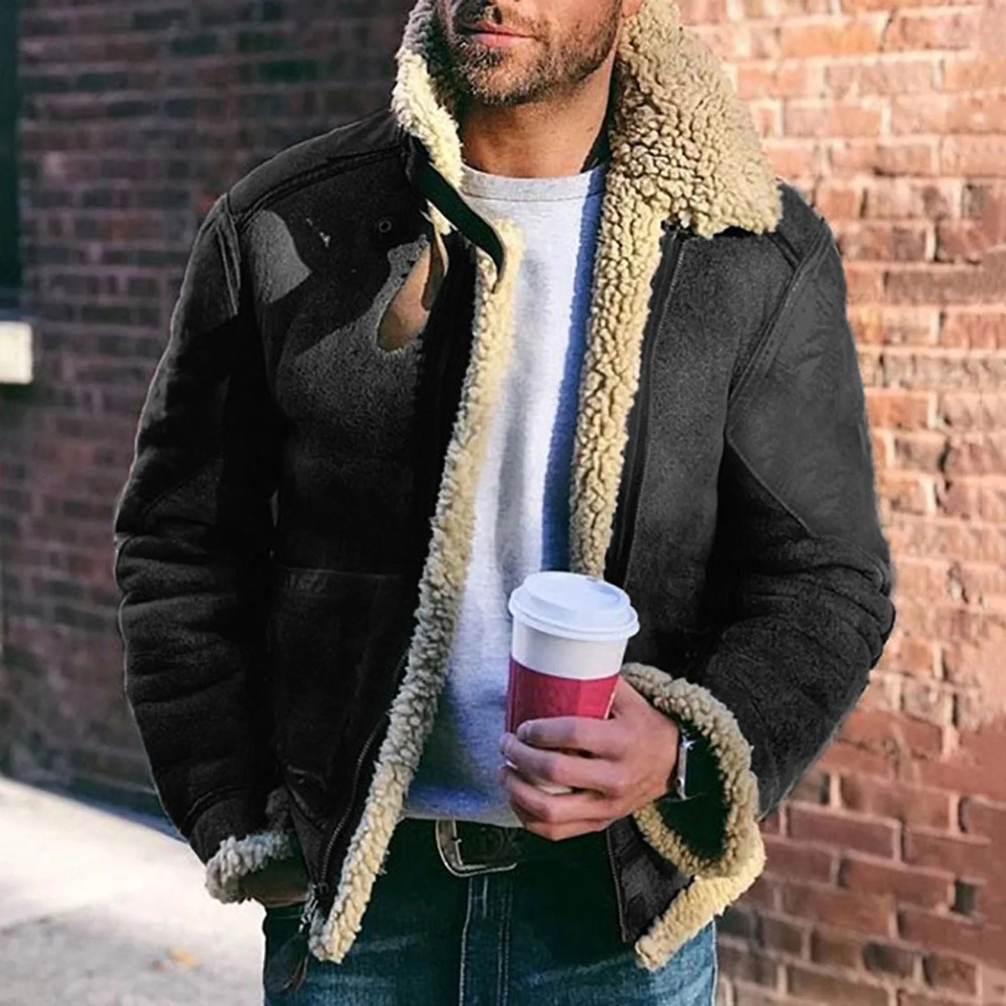 Men's Casual Plush Jacket Solid Color Zipper Wool Warm Long Sleeve Turn-down Collar Coat Jacket With Pockets