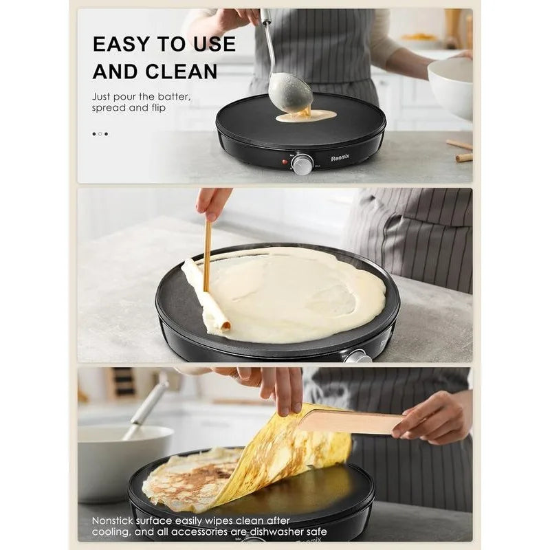 Crepe Maker Machine, Reemix Compact Pancake Griddle Precise Temperature Control, Nonstick 12” Electric Griddle