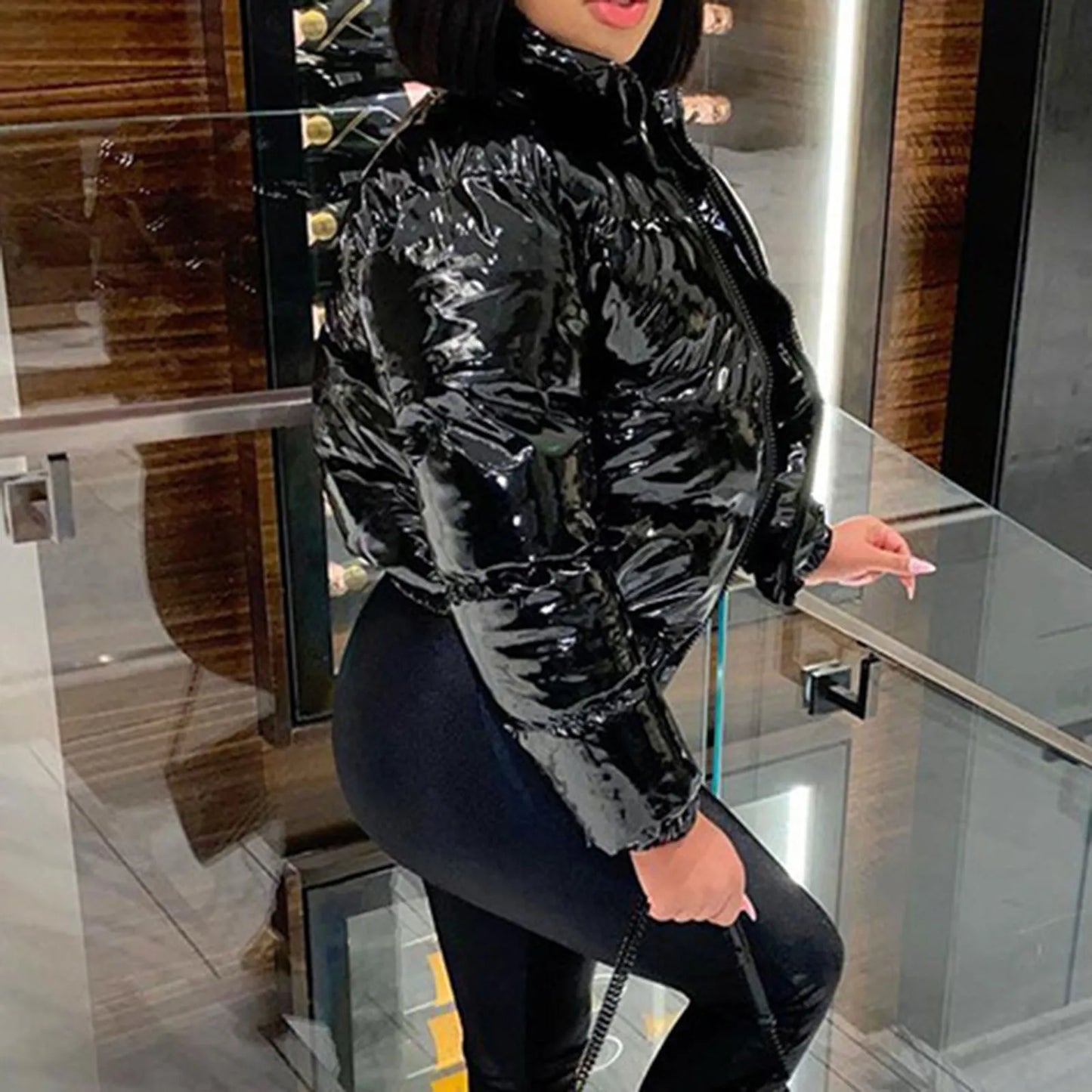 Shiny Leather Jacket Women Down Coat Autumn Winter Keep Warm Stand Collar Streetwear Y2k Bomber Jackets Red Black Wadded Jacket