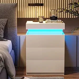 Nightstand with Charging Station and LED Lights,Night Stand with Sliding Top,Bedside Table with Drawers,Modern End Side Table