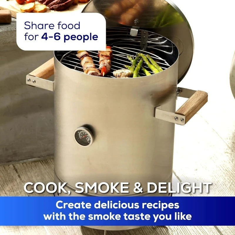 (6-pound) Stainless Steel (Small) Charcoal Barrel Smoker with Thermometer & Airlock system - 16.5"x 21.18" x ⌀11.81"