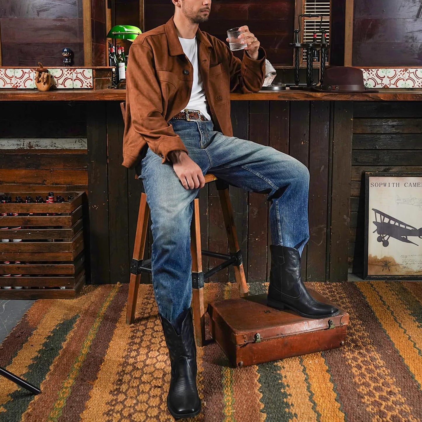 Men's Authentic Western Boots: Black Square Toe with Old West Embroidery – Simple Pull-On Convenience - TrendForce25