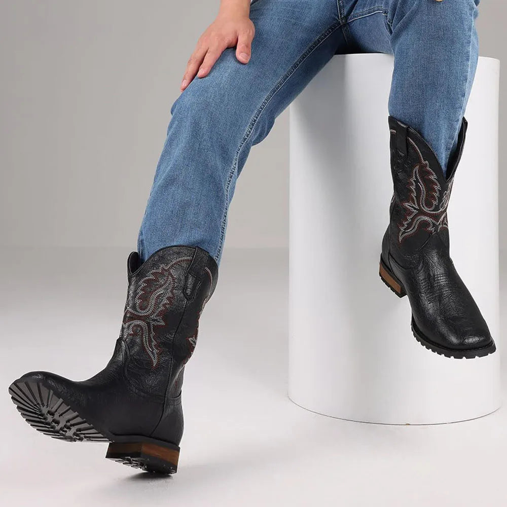 DoraTasia Plus size 12.5 New Fashion Retro Square Toe Neutral Cowboy Boots Luxury Embroidered Concise Pull-on Western Boots - TrendForce25