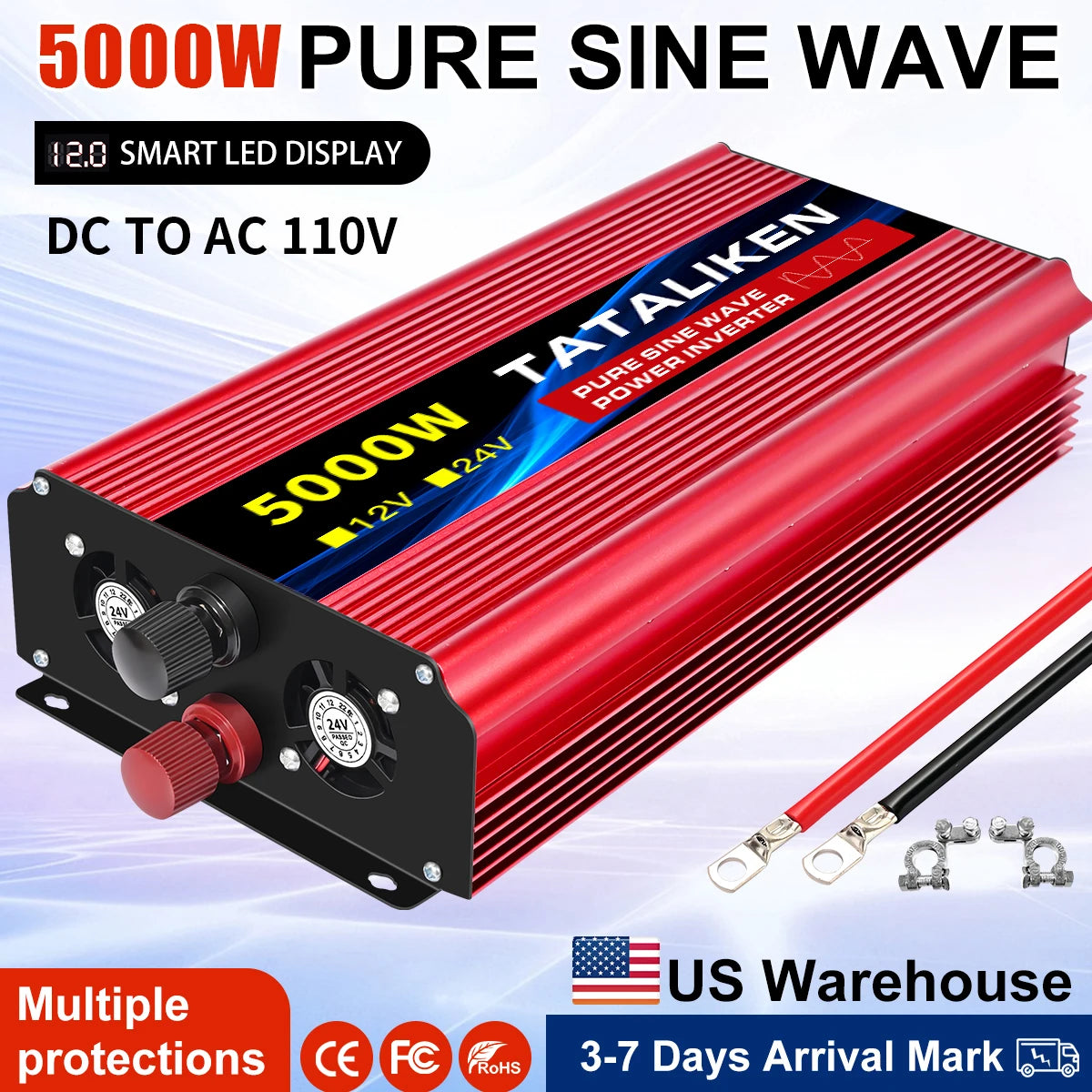 US Socket 12V To AC 110V 60HZ Pure Sine Wave Inverter Car Power 1600W/2200W/3000W Voltage Portable Converter with LED - TrendForce25