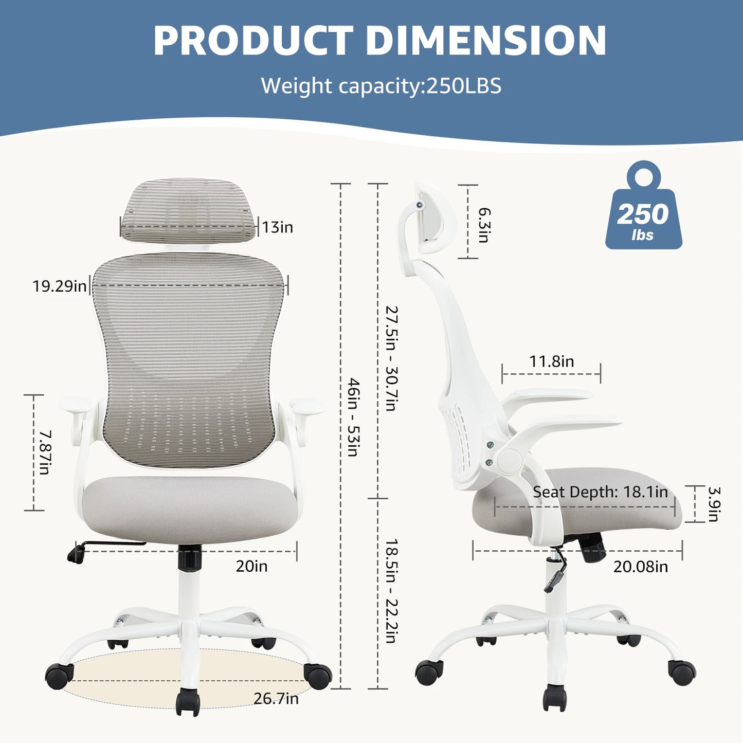 JHK Mesh Ergonomic Office Computer Desk Chair Flip-up Arms Adjustable Headrests Comfortable Lumbar Support For Home Office - TrendForce25