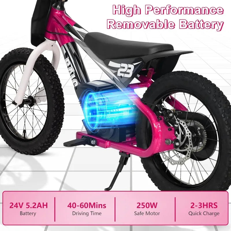 Electric Dirt Bike Kids Ages 6-12, 250W Motorcycle Up 5.5MPH 24V Detachable Battery 16'' Inflatable Tire Balance Bike(Pink) - TrendForce25