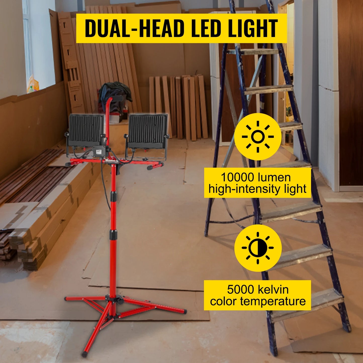 VEVOR LED Work Light with Stand 5000/10000 Lumen Dual-head LED Tripod Work Light w/ 27.6"-68.1" Adjustable&Foldable Tripod Stand - TrendForce25