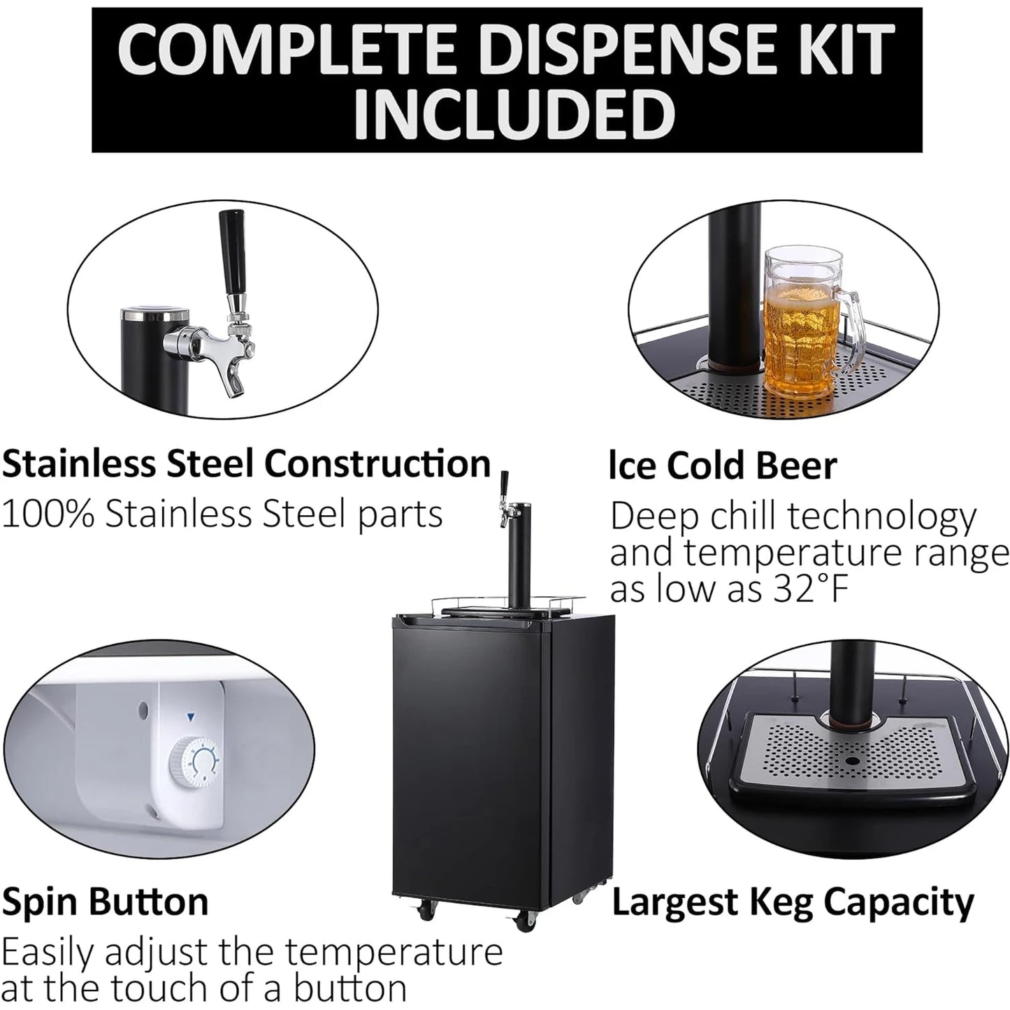 Beer Kegerator One-key Barrel Beer Cooler Full-size Barrel Cooler with Shelves Stainless Steel Drip Tray and Rail Beer Kegerator