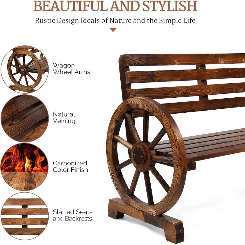 41" Rustic Wooden Wheel Bench Outdoor Bench,2-Person Patio Bench Wagon Slatted Seat,Garden Benches Outdoors 350lbs High Capacity - TrendForce25