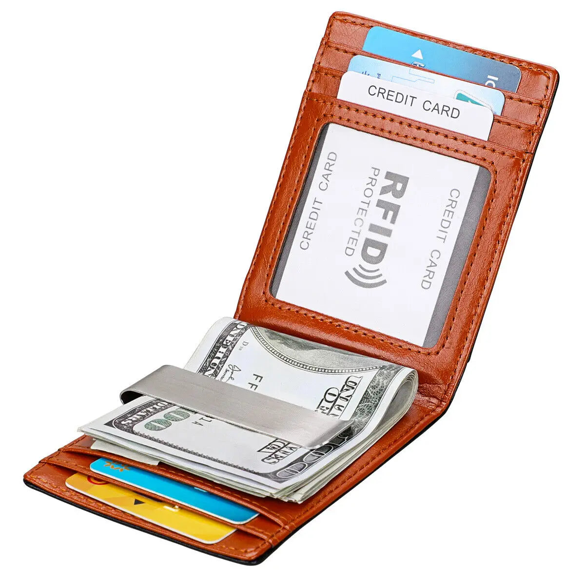 Men's Slim RFID Blocking Bifold Walle With Money Clip Credit Card Holders Minimalist Front Pocket Wallet With ID Window - TrendForce25