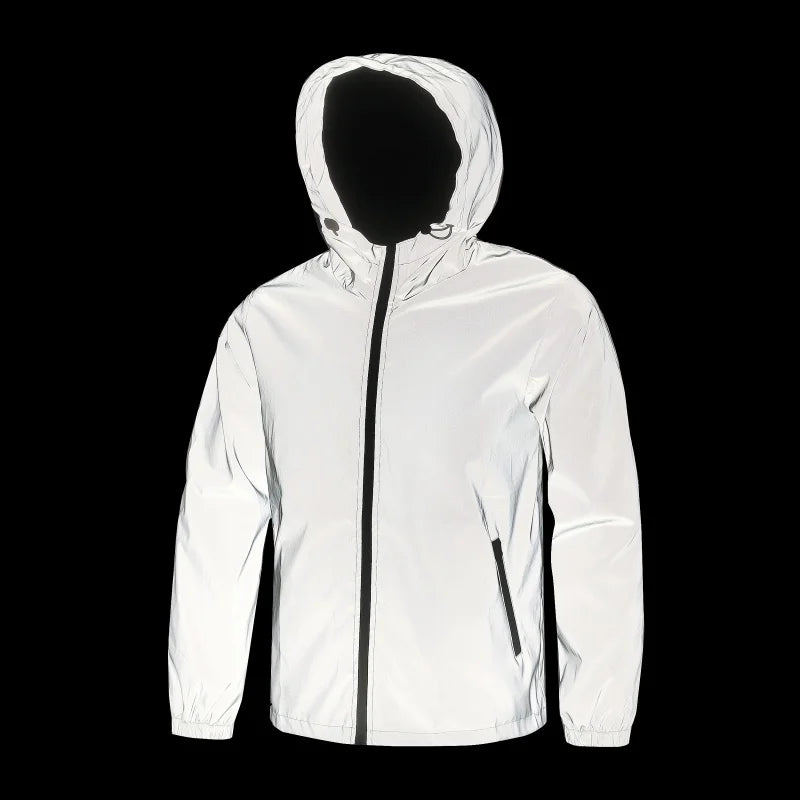 Mens Double Fabric Night Reflective Jackets Hip Hop Dancer Singer Waterproof Zipper Coats Outwear Windbreaker Hooded Jacket