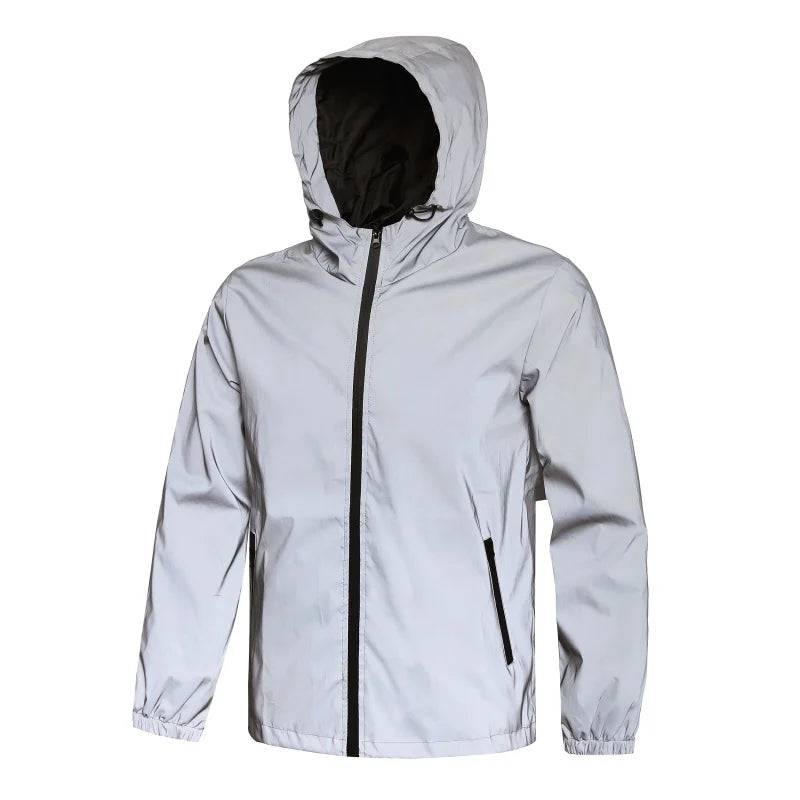 Mens Double Fabric Night Reflective Jackets Hip Hop Dancer Singer Waterproof Zipper Coats Outwear Windbreaker Hooded Jacket