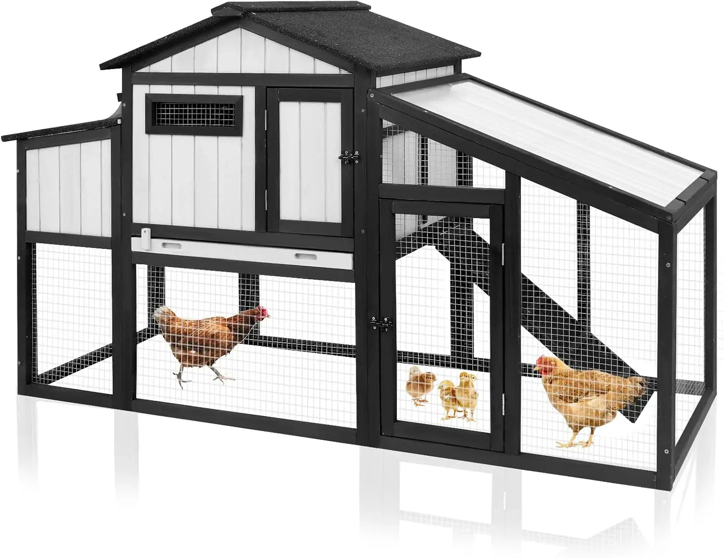 65.3" Long Chicken Coop and Hen House for 1-2 Chickens, Comes with Nesting Boxes, Trays, Perches, Combinable, Black - TrendForce25