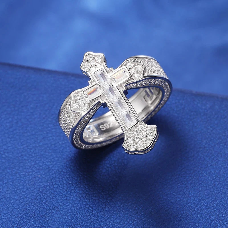 New 925 Sterling Silver Cross Baguette Moissanite Rings for Women Men Wedding Diamond Hip Hop Ring Fine Jewelry Christmas Gifts