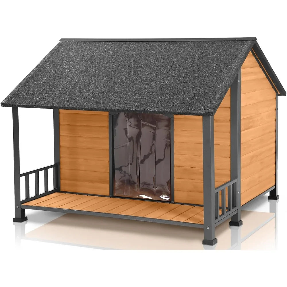 Outdoor Weatherproof Dog House - Easy to Assemble Puppy Shelter with All-Around Iron Frame & Fir Wood - Ideal for Large Dog Bree - TrendForce25