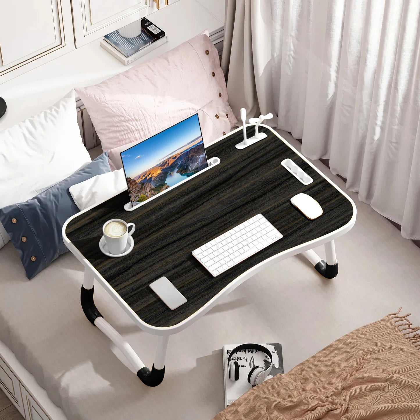 NEW 40x60cm portable folding table laptop table for office and home use with USB light, small fan, cup holder, tablet slot