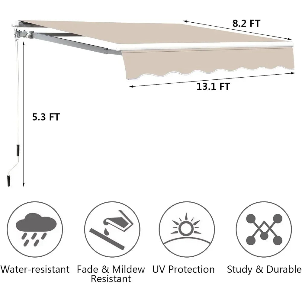 13.1'x8.2' Patio Awning, Retractable Awning with Crank Handle and Waterproof Polyester
